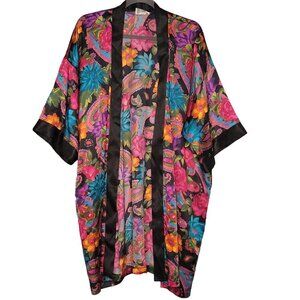 Vintage Satin Women's One Size Kimono Robe Bold Floral Black Pink Blue Yellow No